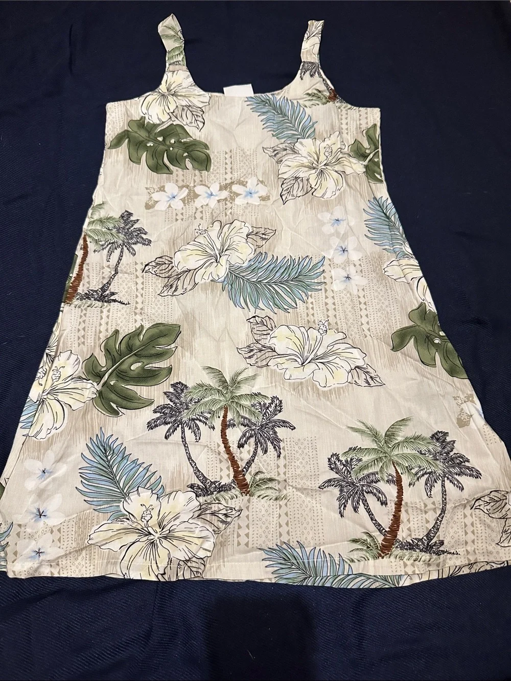 Hawaiian Tropical Floral A-Line Sundress in Beige and Green